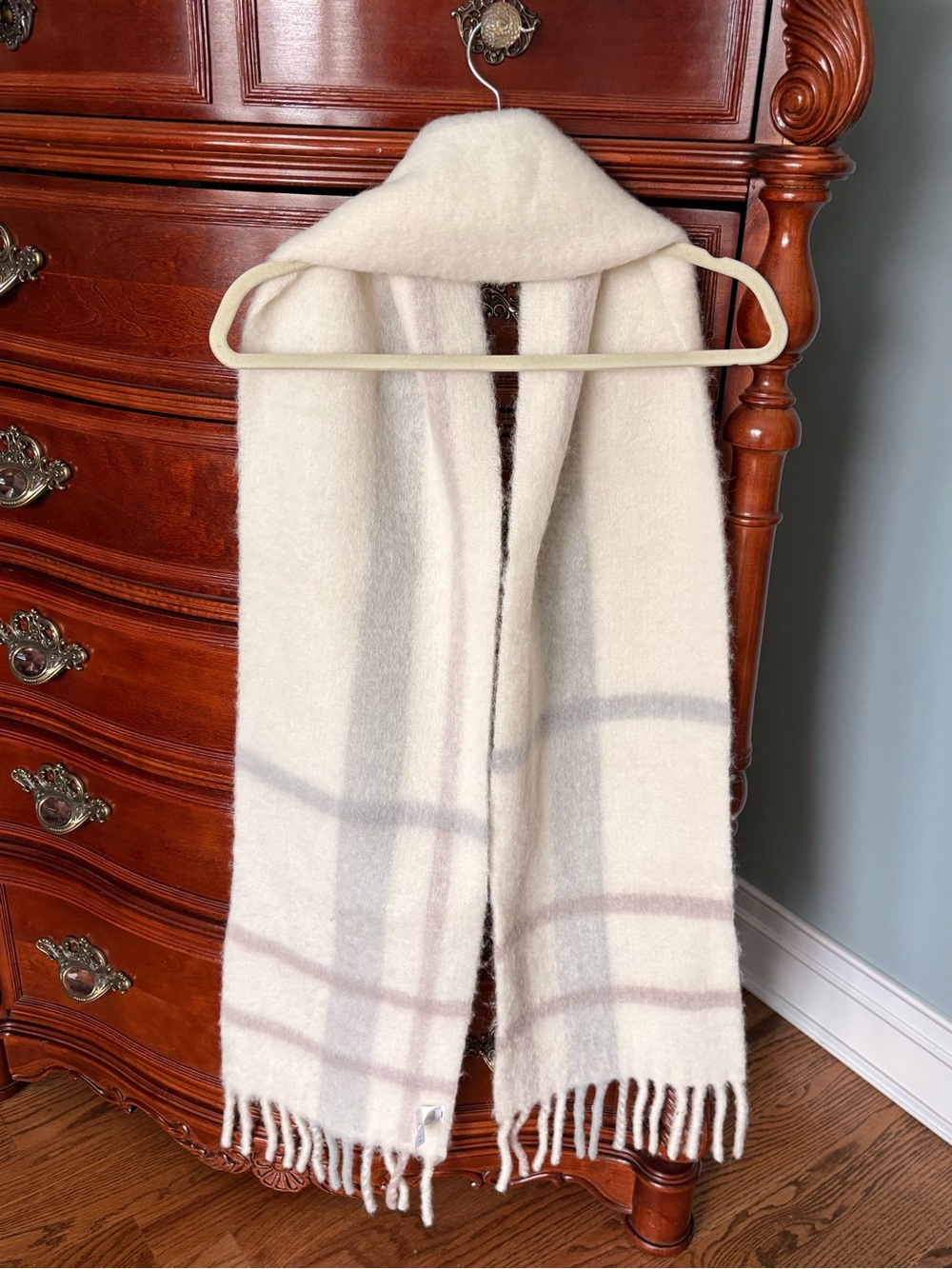 Faherty Cozy Cream Plaid Fringe Scarf